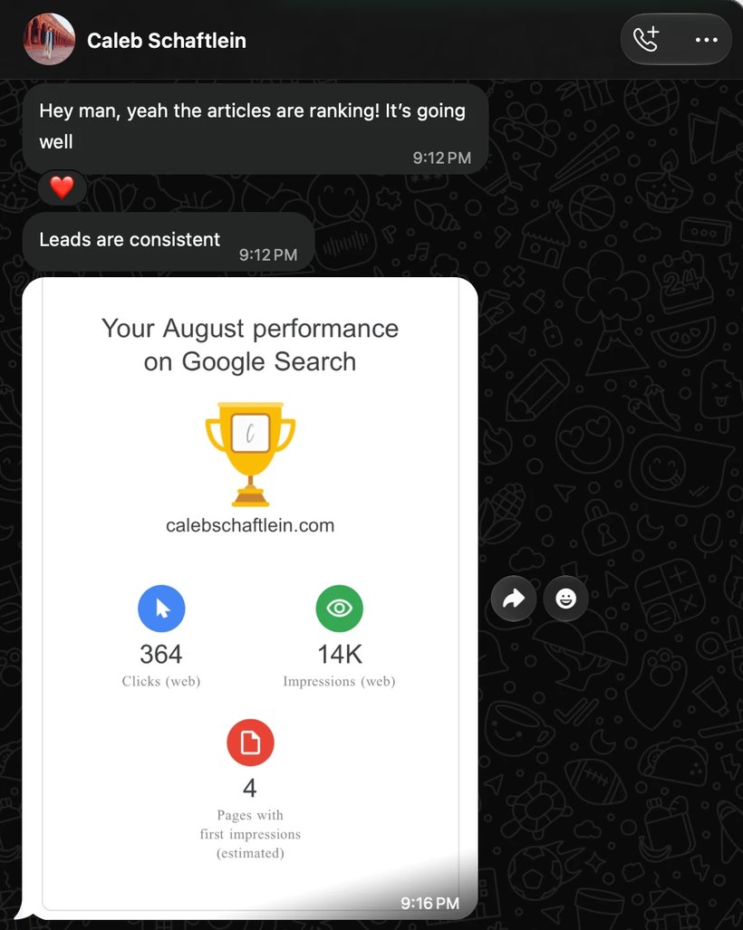 WhatsApp message from Caleb Schaftlein: Hey man, yeah the articles are ranking! It's going well. Leads are consistent. Followed by his August Google Search performance for calebschaftlein.com: 364 clicks, 14K impressions, 4 pages with first impressions.